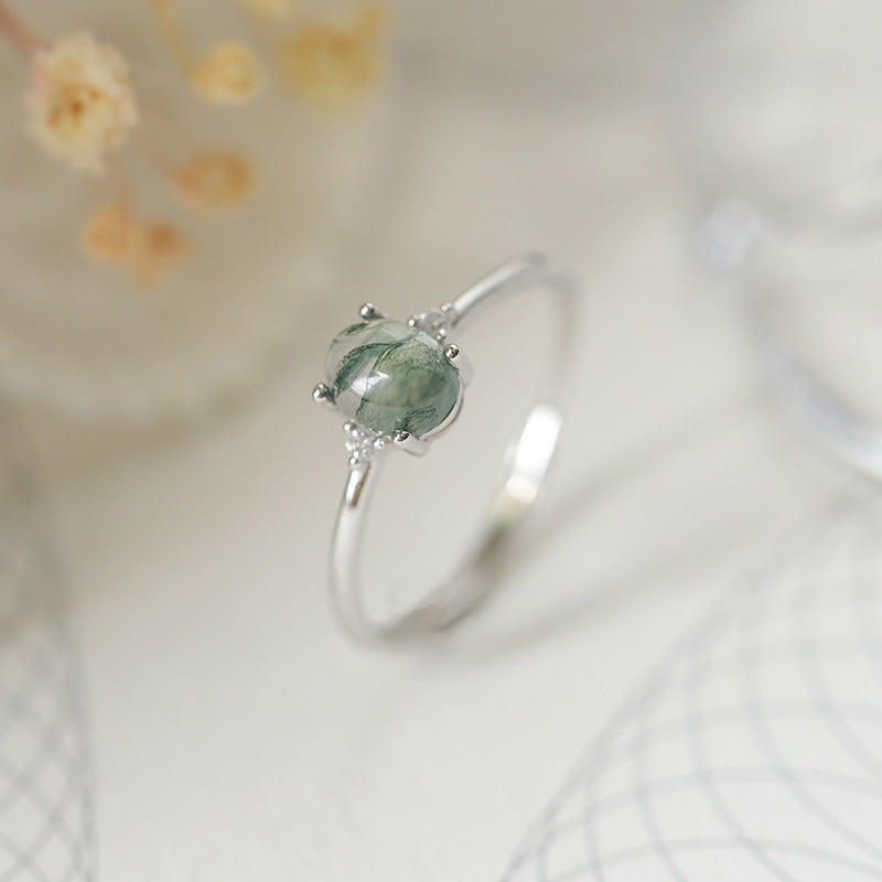 S925 Silver Green Moss Ring Water