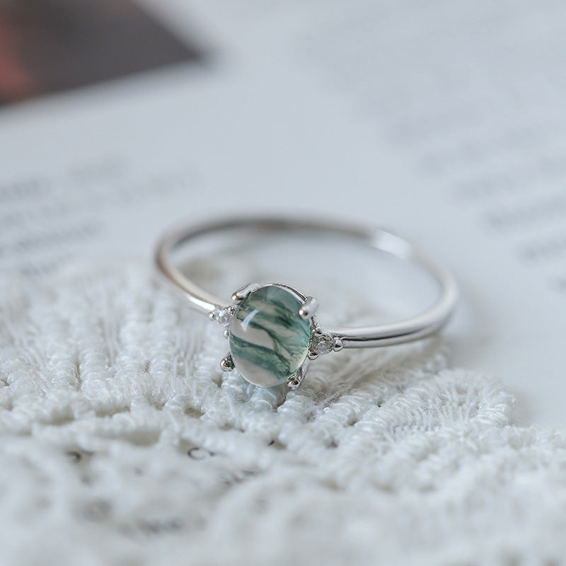 S925 Silver Green Moss Ring Water